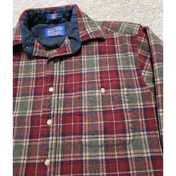 Pendleton Red Green Brown Plaid Virgin Wool Flannel Shirt Elbow Patch Mens M - Picture 6 of 16